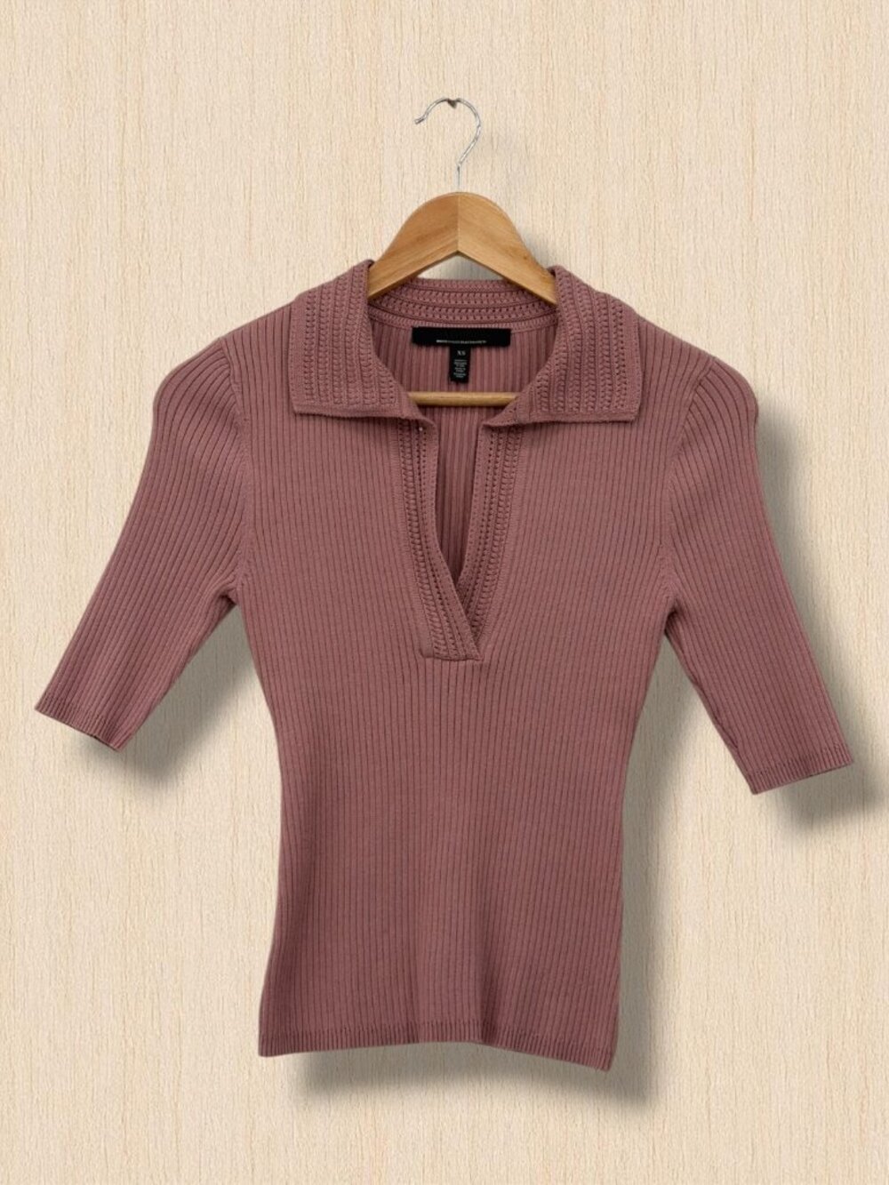 WHBM Ribbed Crochet Collar 3/4 Sleeve Top XS